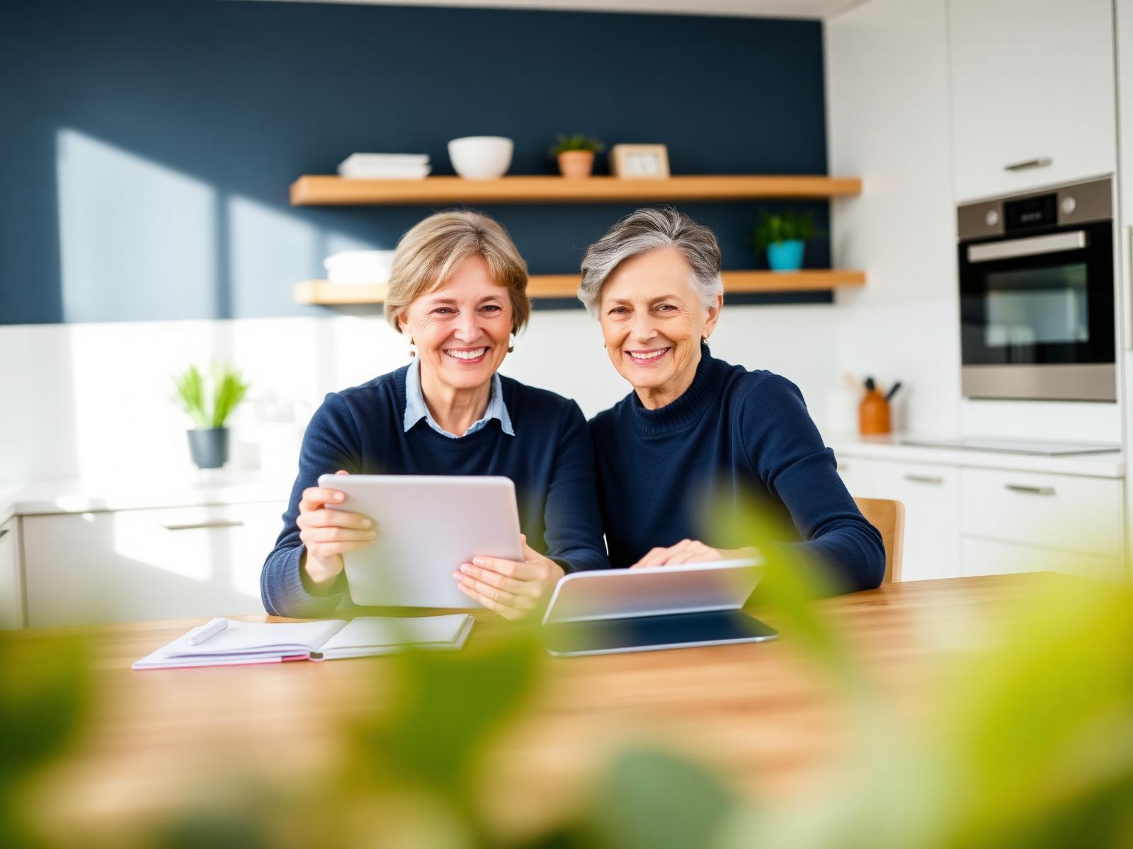 A couple confidently organizing finances on a tablet at their kitchen table